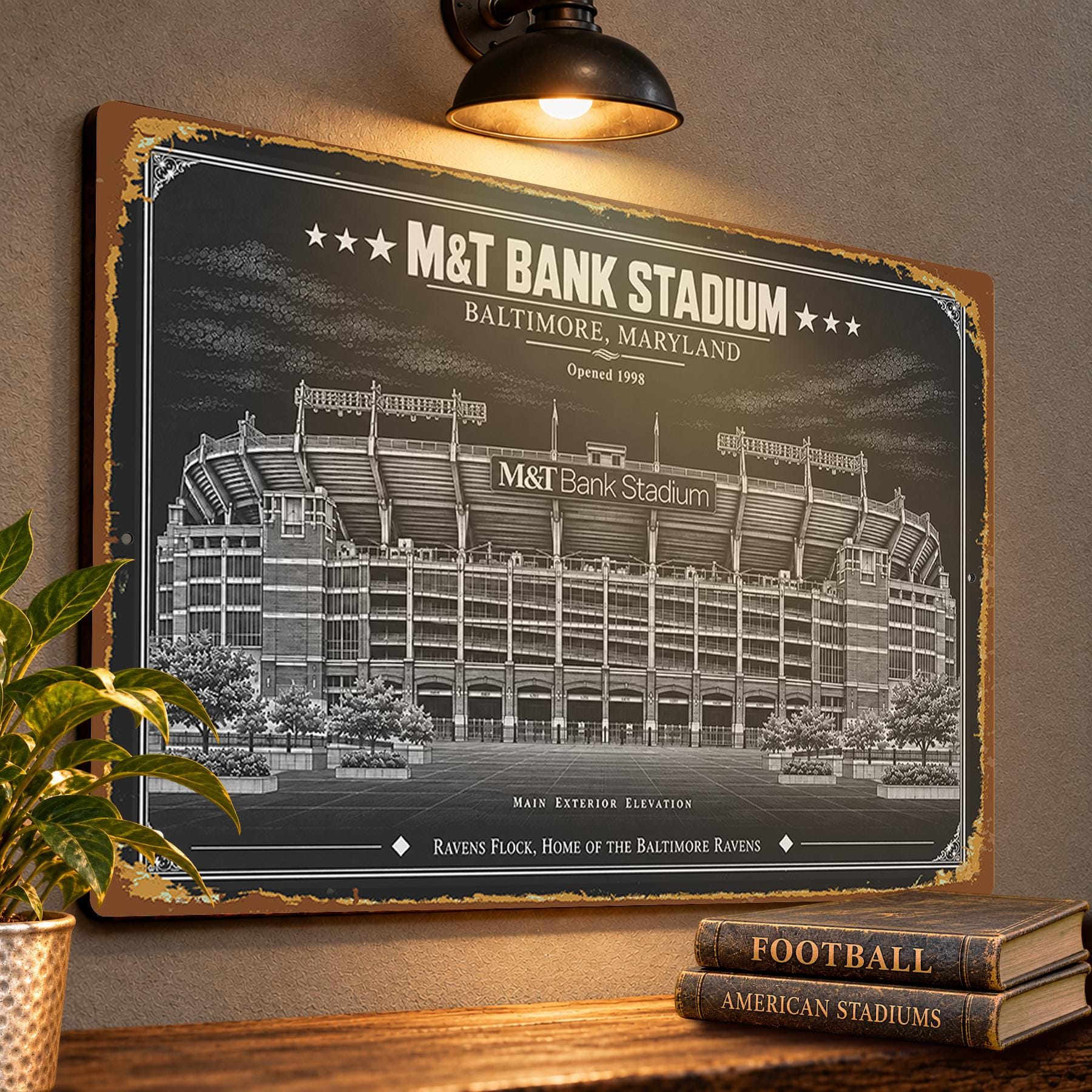 M&T Bank Stadium Blueprint Wall Plaque, Baltimore Ravens Fan Gift, Vintage Football Art