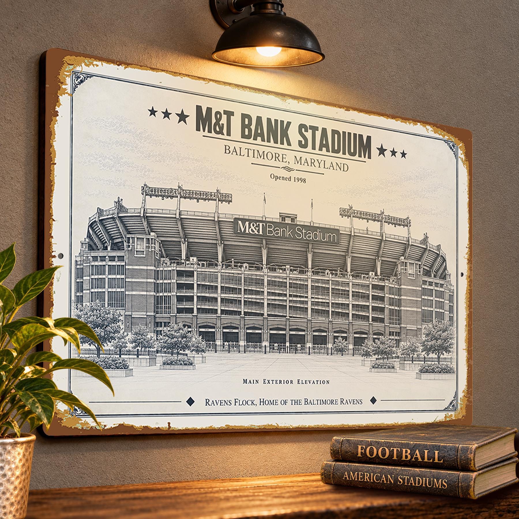M&T Bank Stadium Blueprint Wall Plaque, Baltimore Ravens Fan Gift, Vintage Football Art