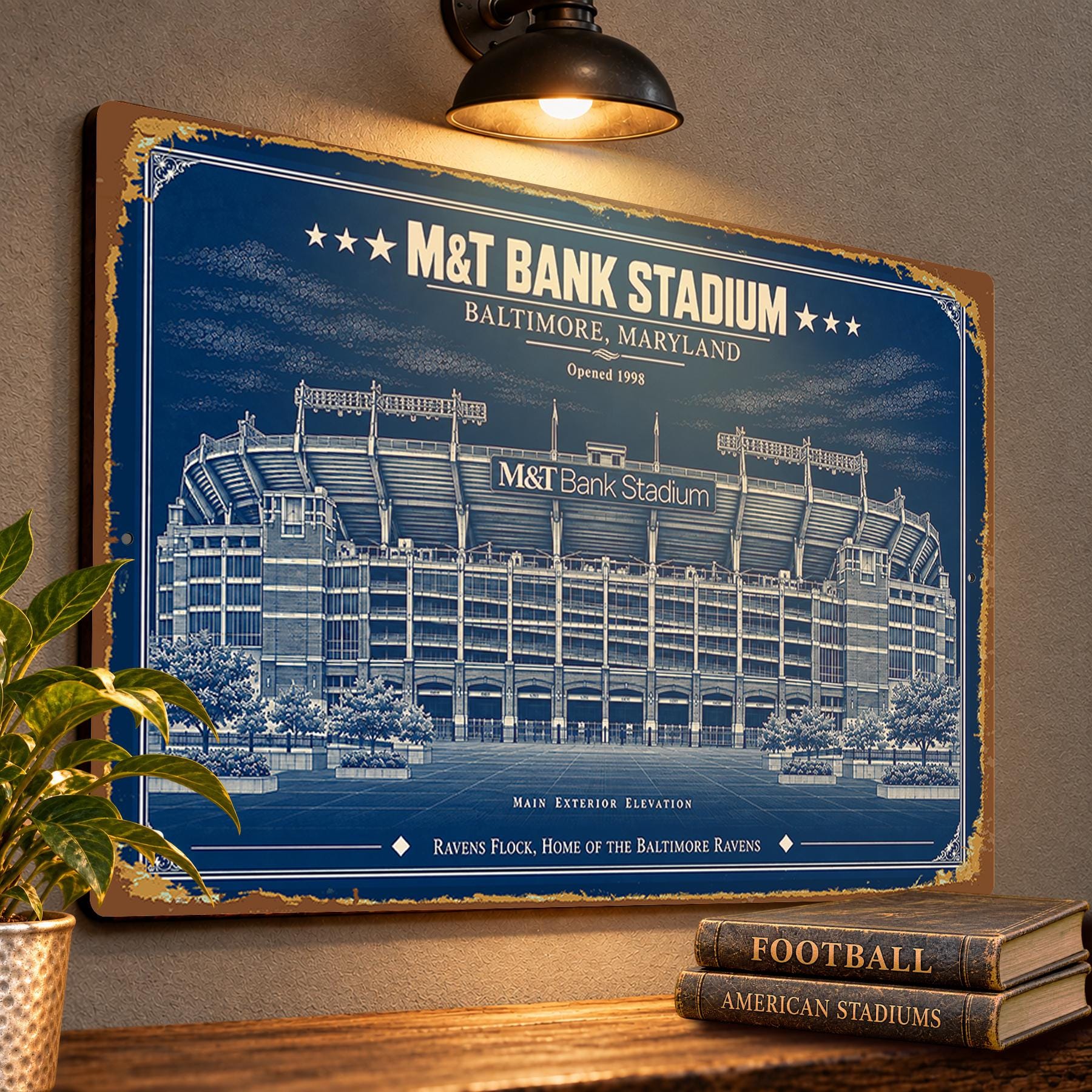 M&T Bank Stadium Blueprint Wall Plaque, Baltimore Ravens Fan Gift, Vintage Football Art