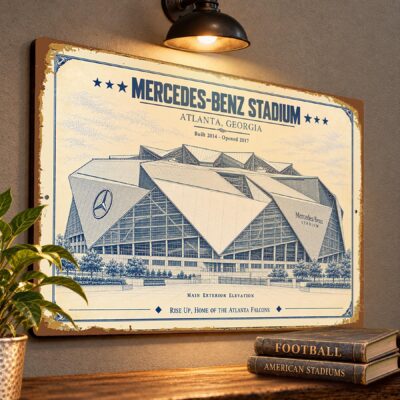 Mercedes-Benz Stadium Blueprint Wall Plaque, Atlanta Falcons Fan Gift, Vintage Architectural Football Art
