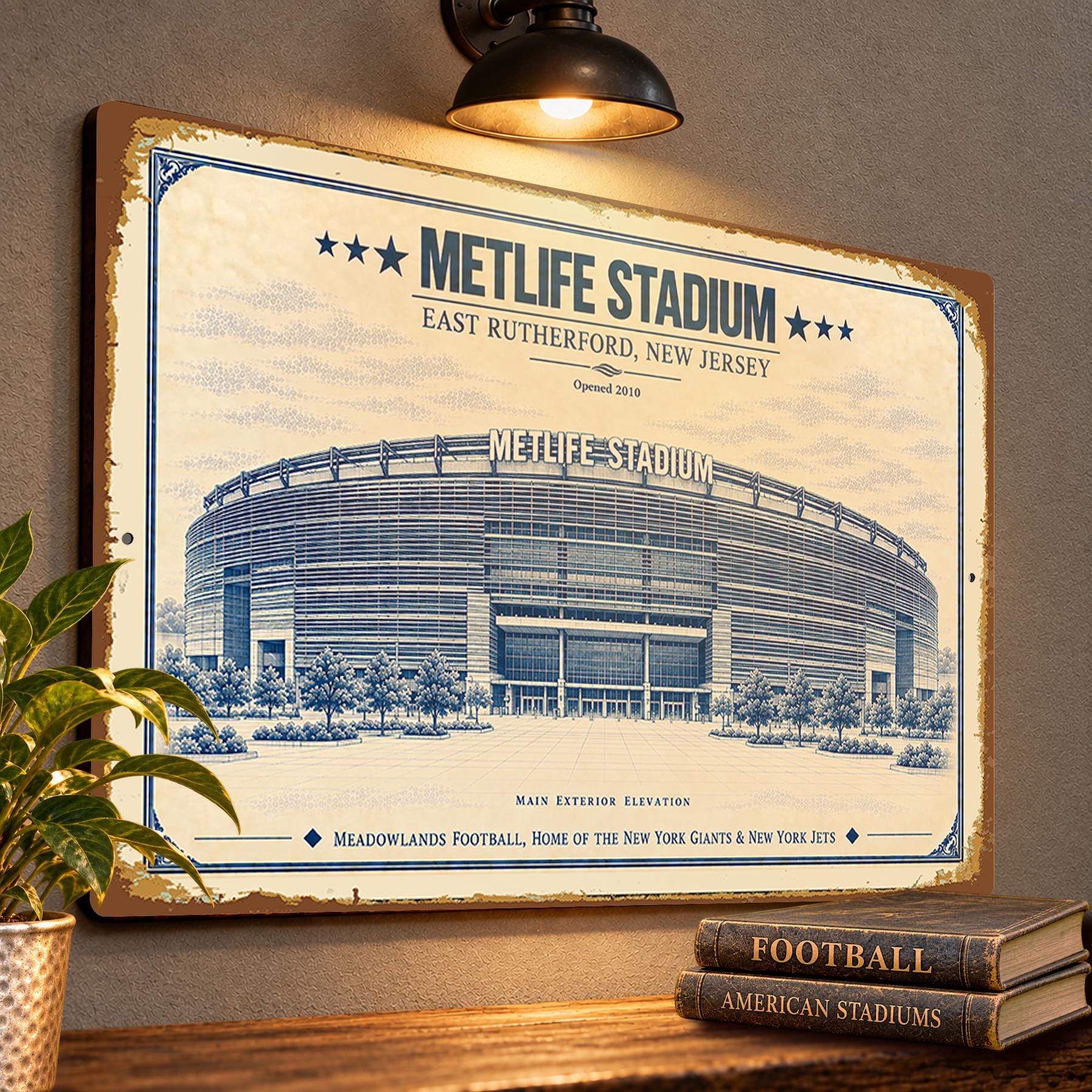 MetLife Stadium Blueprint Wall Plaque, New York Giants Jets Fan Gift, Vintage Football Art