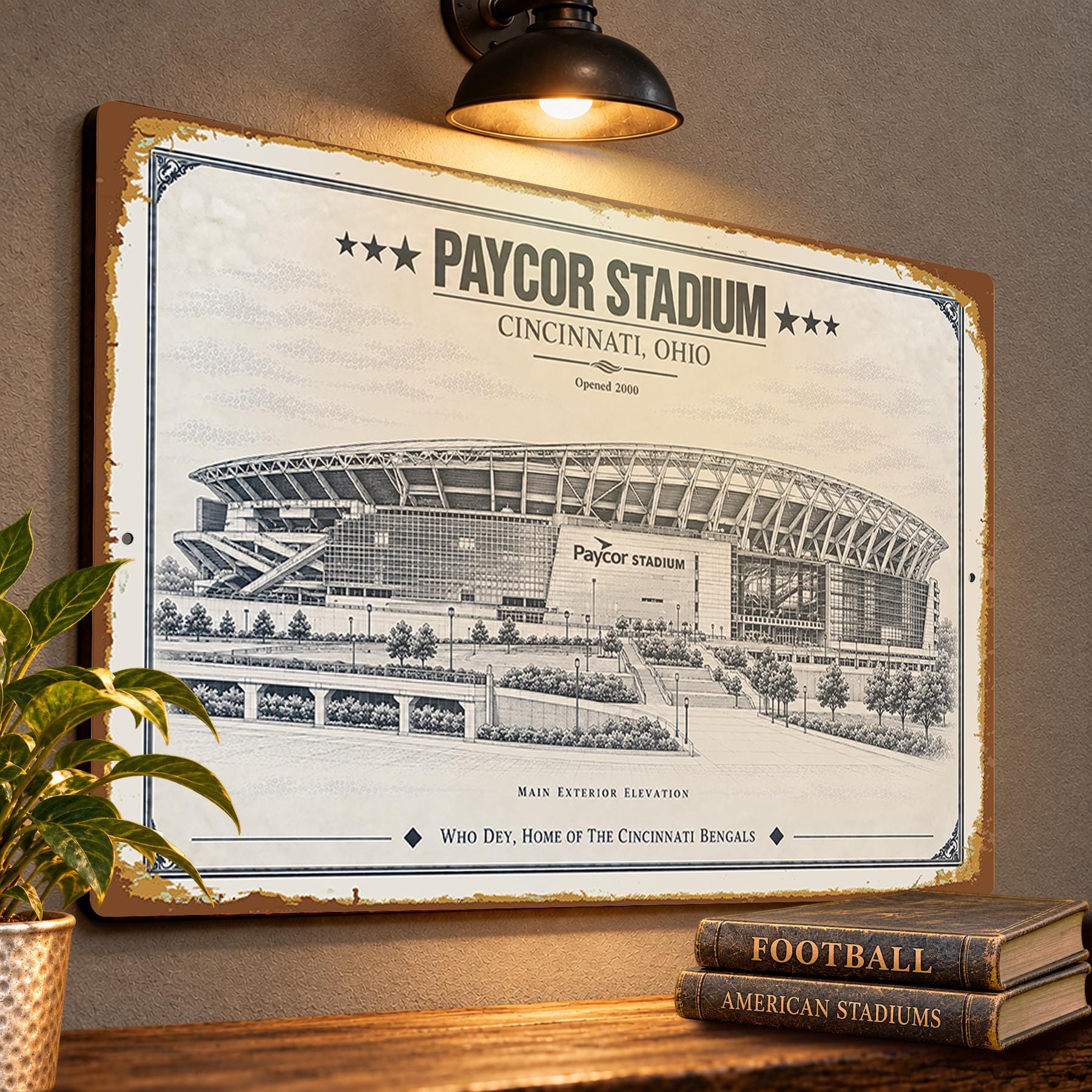 Paycor Stadium Blueprint Wall Plaque, Cincinnati Bengals Fan Gift, Vintage Football Art