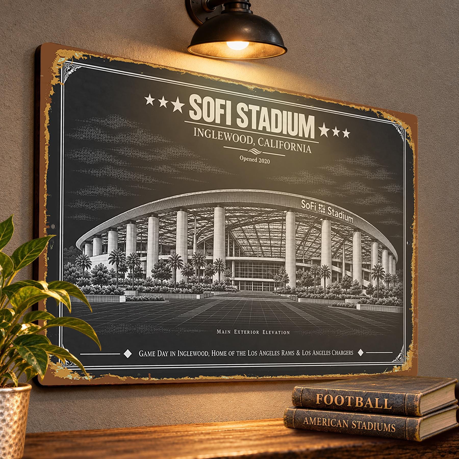 SoFi Stadium Blueprint Wall Plaque, Los Angeles Rams Chargers Fan Gift, Vintage Football Art