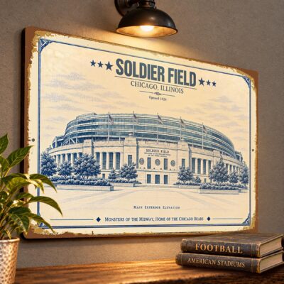 Soldier Field Blueprint Wall Plaque, Chicago Bears Fan Gift, Vintage Stadium Art