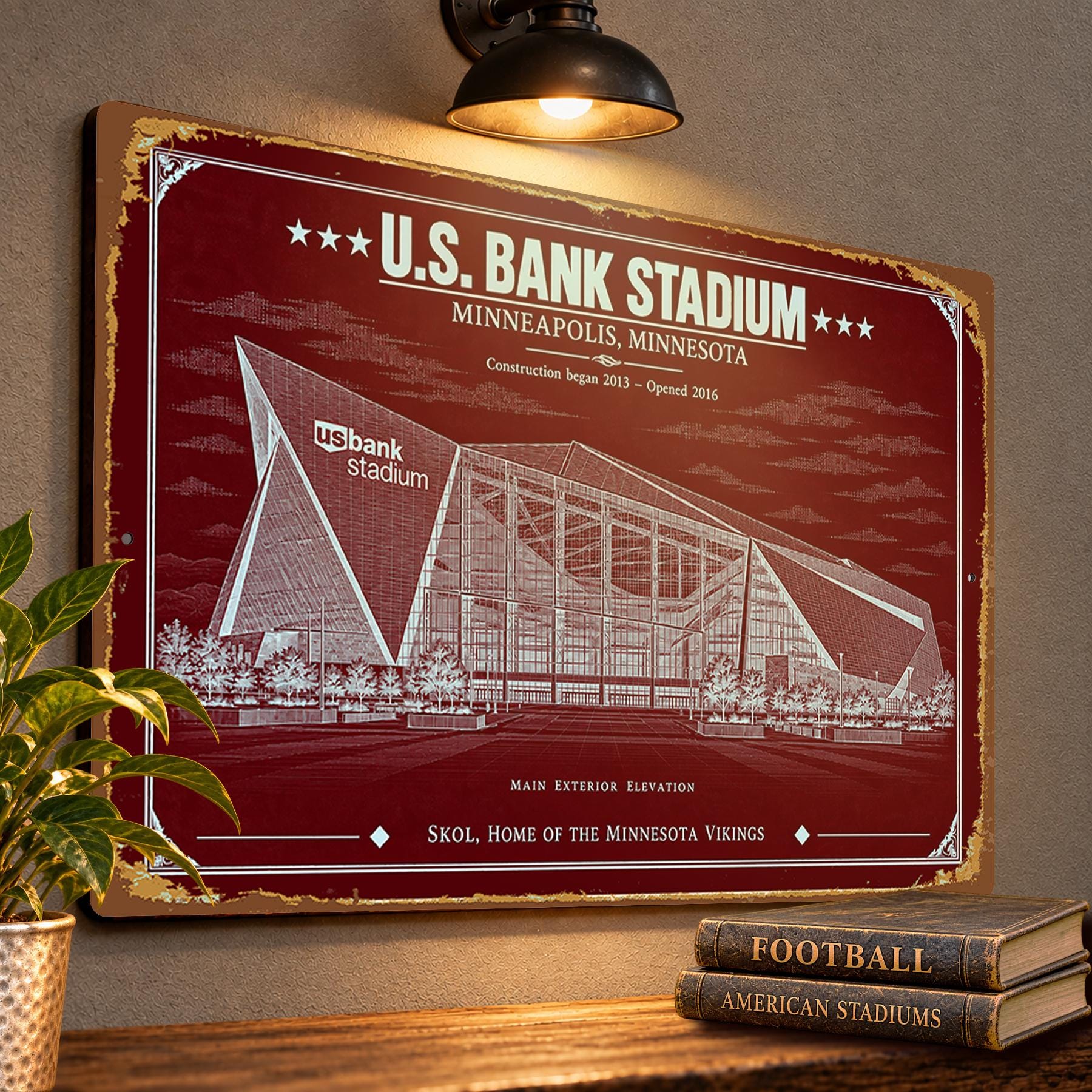 U.S. Bank Stadium Blueprint Wall Plaque, Minnesota Vikings Fan Gift, Vintage Football Art
