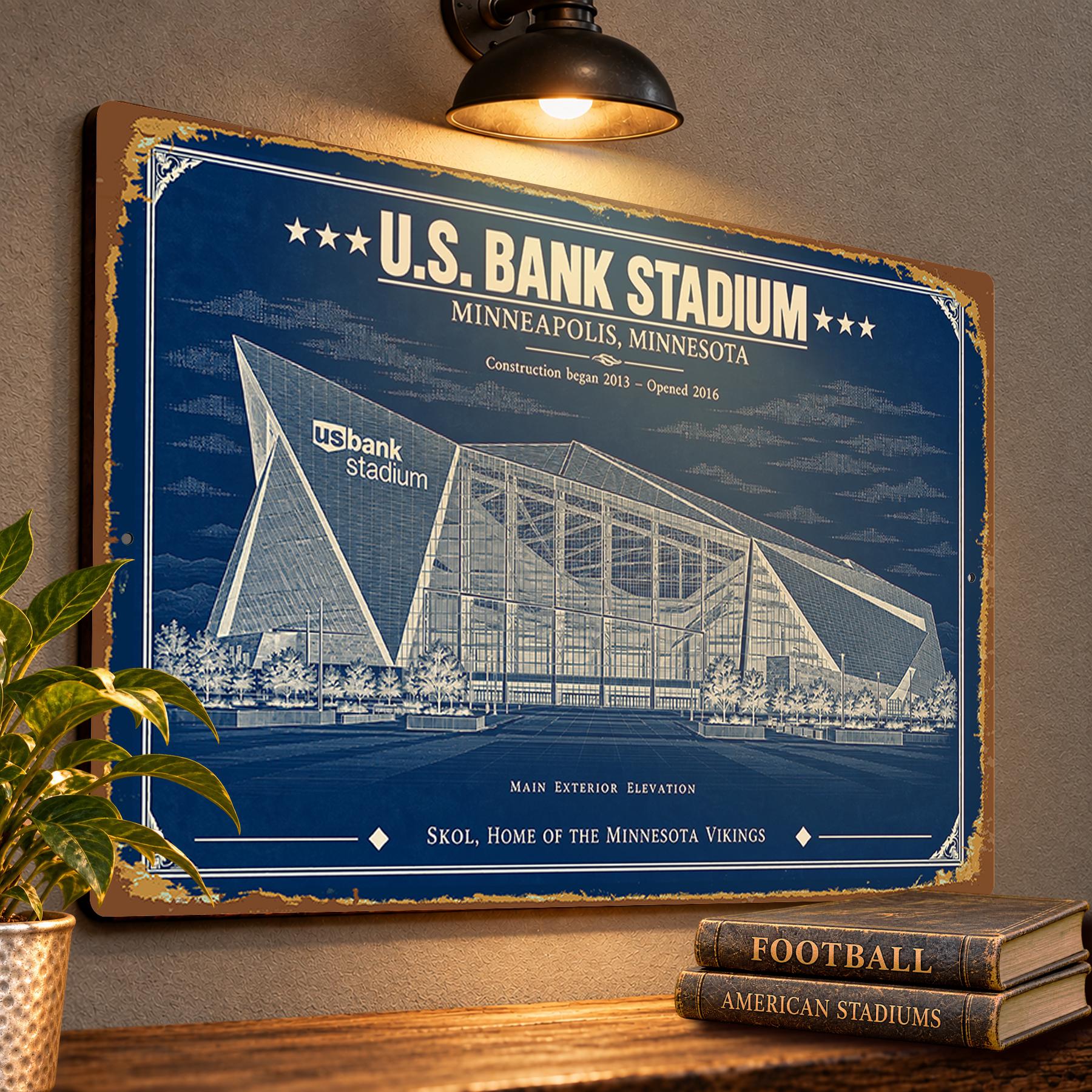 U.S. Bank Stadium Blueprint Wall Plaque, Minnesota Vikings Fan Gift, Vintage Football Art