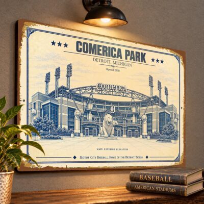 Comerica Park Blueprint Wall Plaque, Detroit Tigers Baseball Fan Gift, Vintage Stadium Art