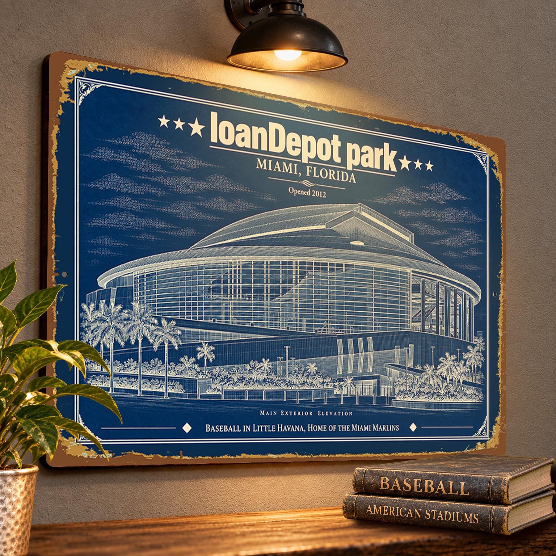 loanDepot Park Blueprint Wall Plaque, Miami Marlins Baseball Fan Gift, Vintage Stadium Art