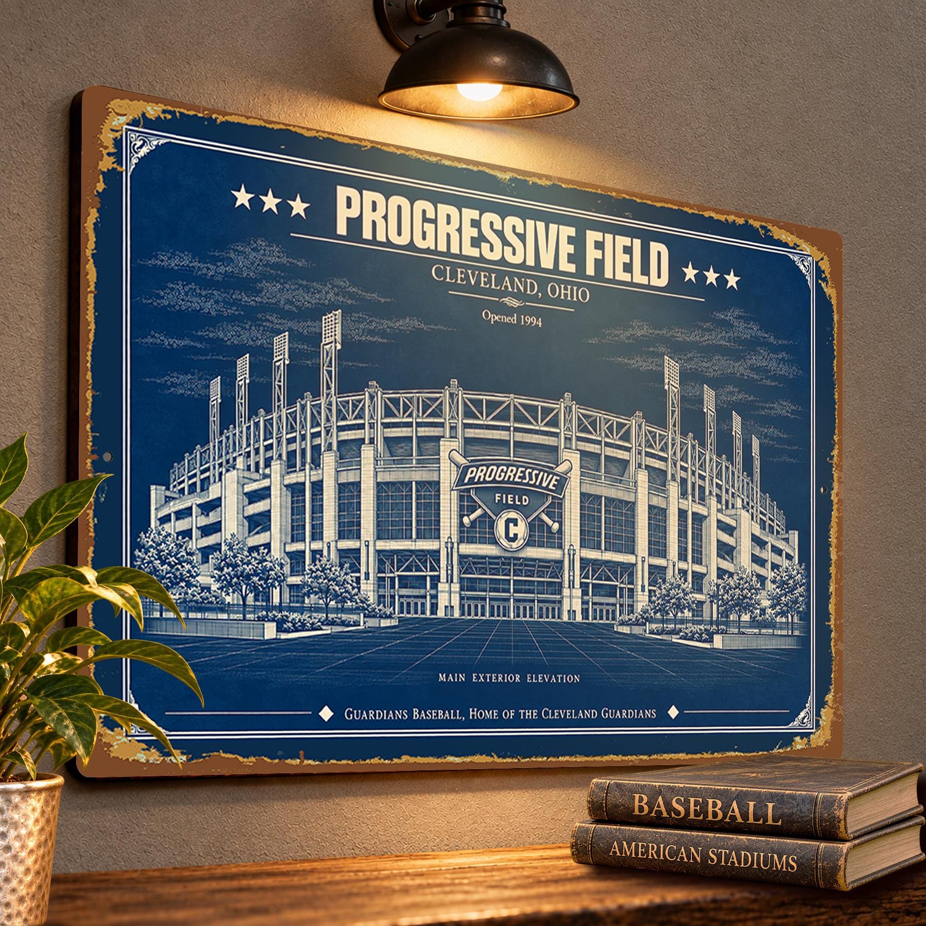 Progressive Field Blueprint Wall Plaque, Cleveland Guardians Baseball Fan Gift, Vintage Stadium Art