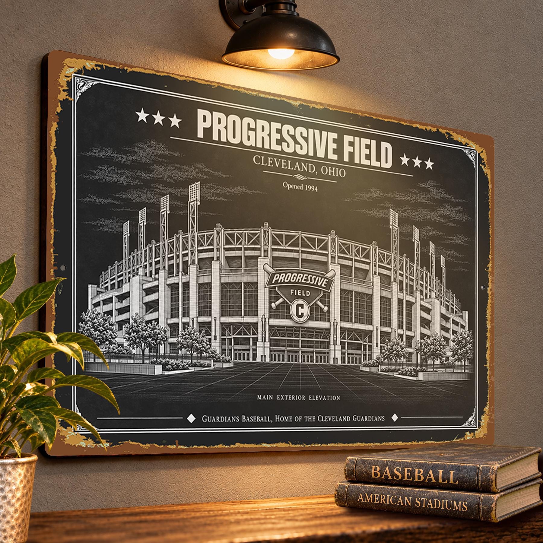 Progressive Field Blueprint Wall Plaque, Cleveland Guardians Baseball Fan Gift, Vintage Stadium Art