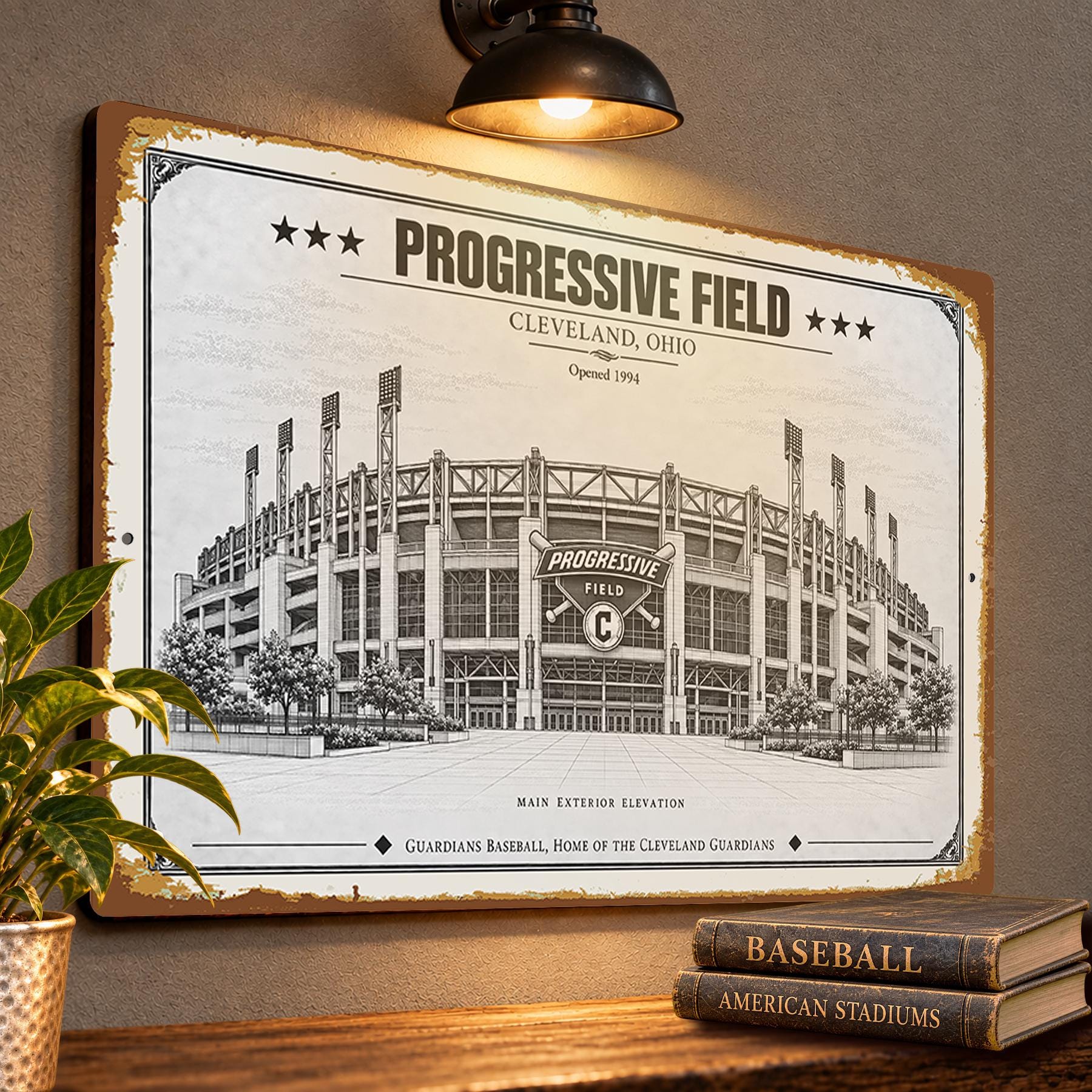 Progressive Field Blueprint Wall Plaque, Cleveland Guardians Baseball Fan Gift, Vintage Stadium Art