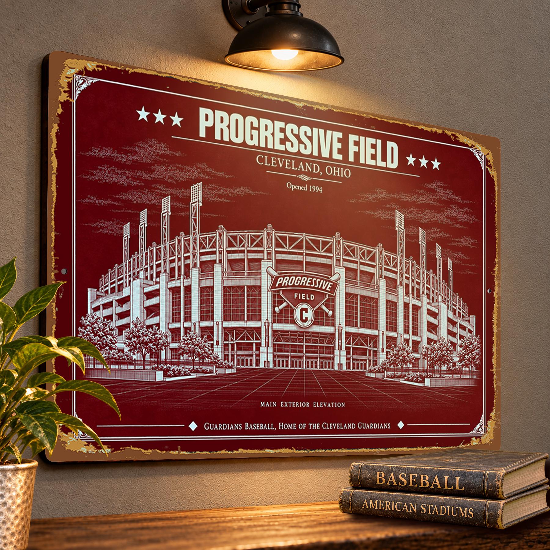 Progressive Field Blueprint Wall Plaque, Cleveland Guardians Baseball Fan Gift, Vintage Stadium Art